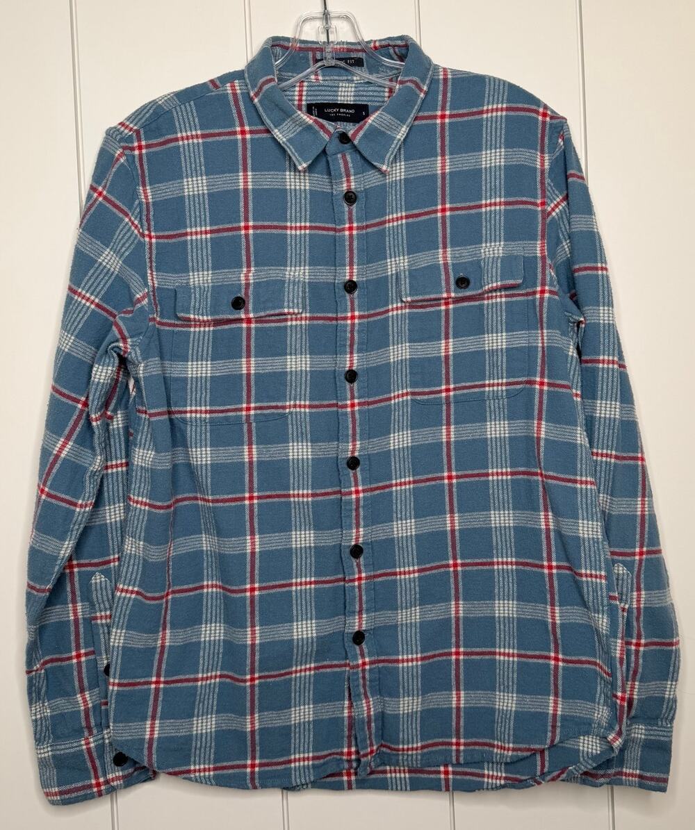 Lucky Brand Plaid Flannel Shirt Men’s S Blue Red White Cotton